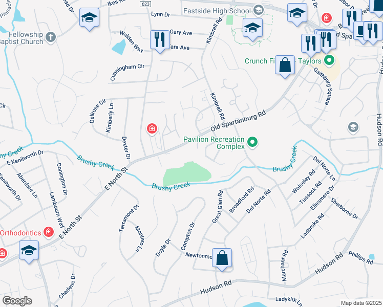map of restaurants, bars, coffee shops, grocery stores, and more near 4314 Old Spartanburg Rd in Taylors