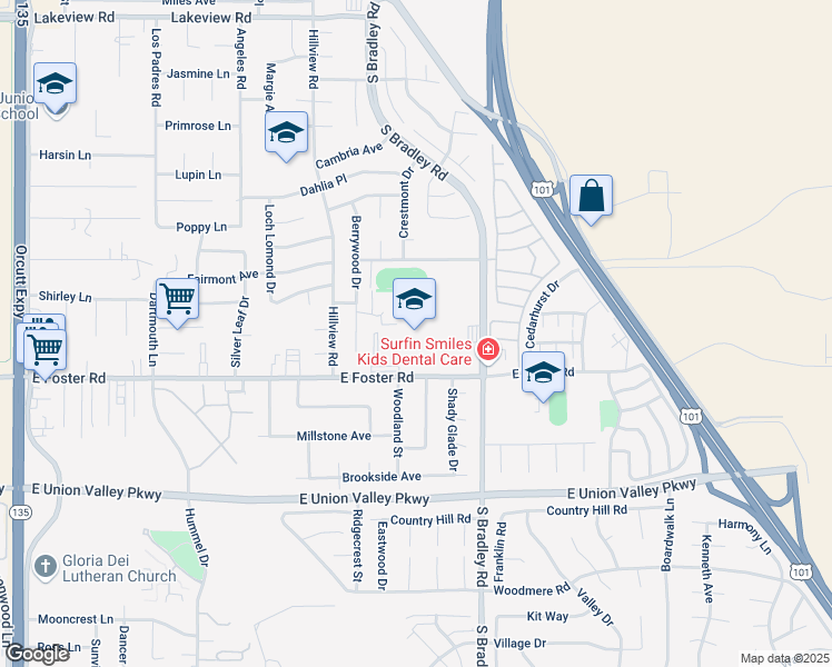 map of restaurants, bars, coffee shops, grocery stores, and more near 941 East Foster Road in Santa Maria