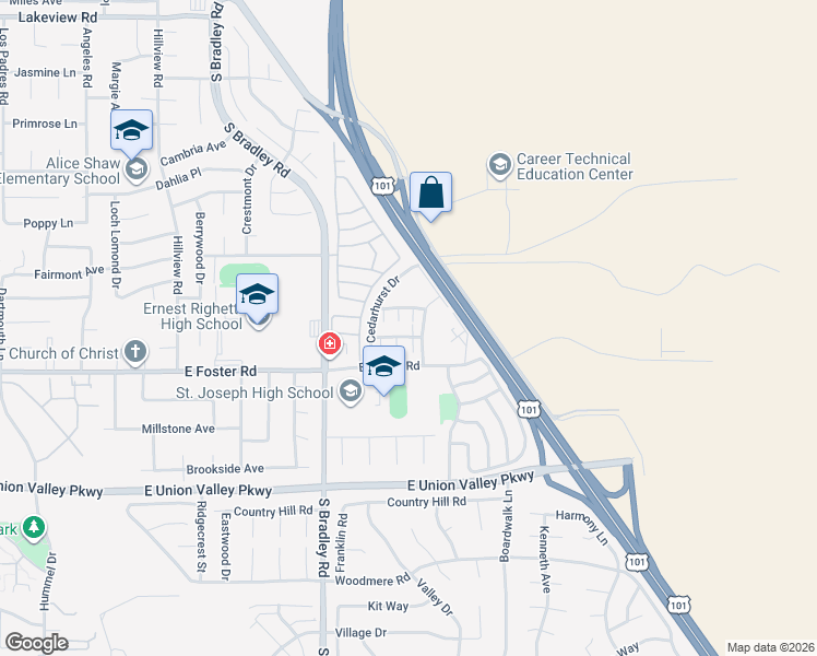 map of restaurants, bars, coffee shops, grocery stores, and more near 1180 Sumner Place in Santa Maria