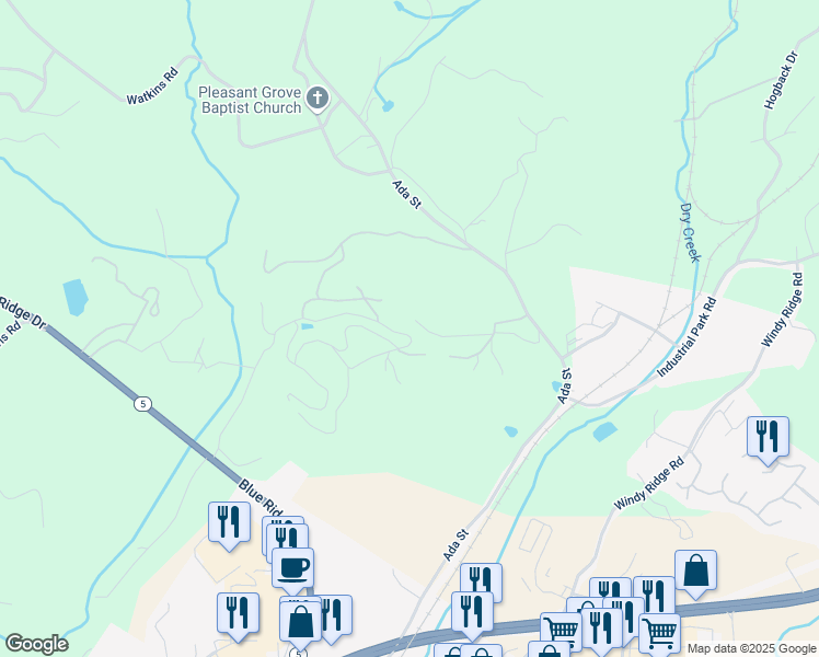 map of restaurants, bars, coffee shops, grocery stores, and more near 840 Trails End Road in Blue Ridge