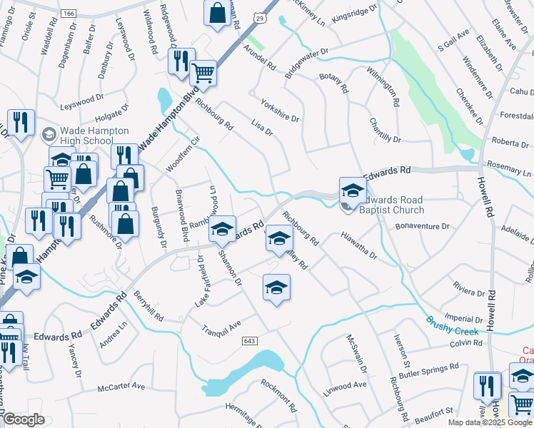 map of restaurants, bars, coffee shops, grocery stores, and more near 2 Spring Valley Road in Greenville