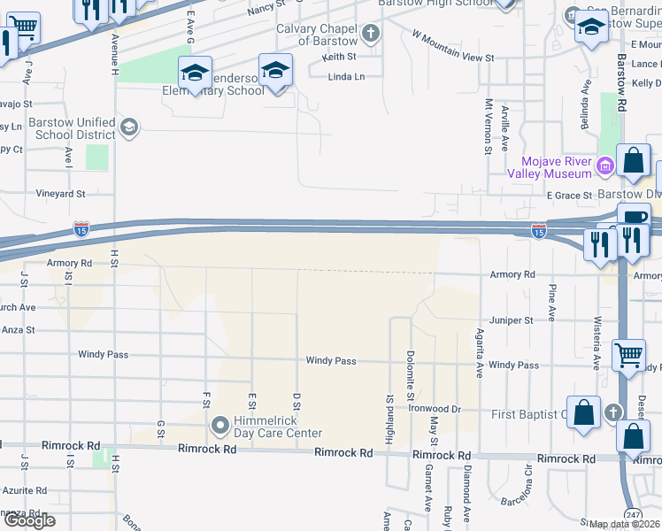 map of restaurants, bars, coffee shops, grocery stores, and more near Sunrise Road in Barstow