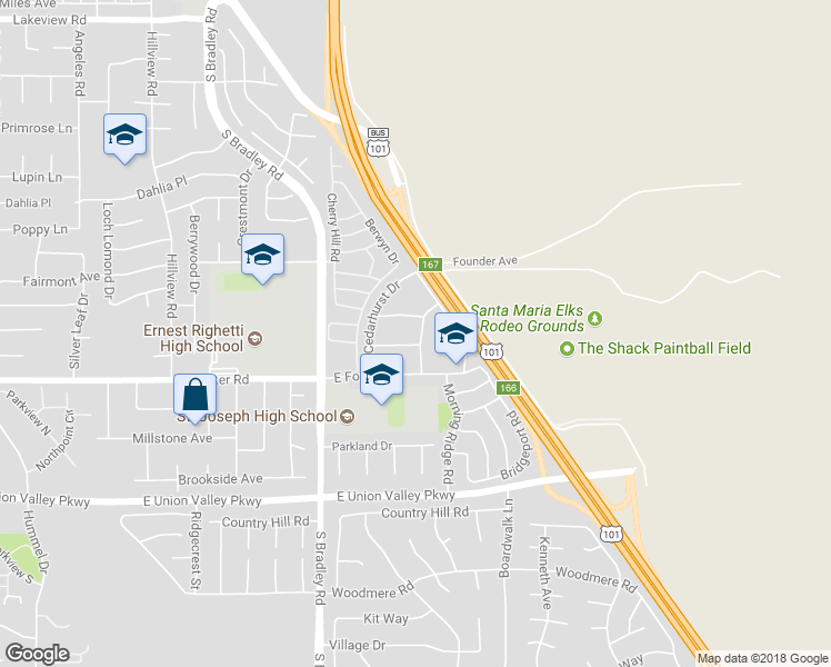 map of restaurants, bars, coffee shops, grocery stores, and more near 1193 Sumner Place in Santa Maria