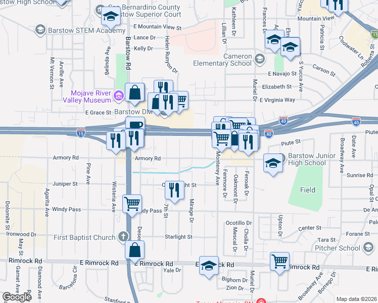 map of restaurants, bars, coffee shops, grocery stores, and more near 730 Armory Road in Barstow