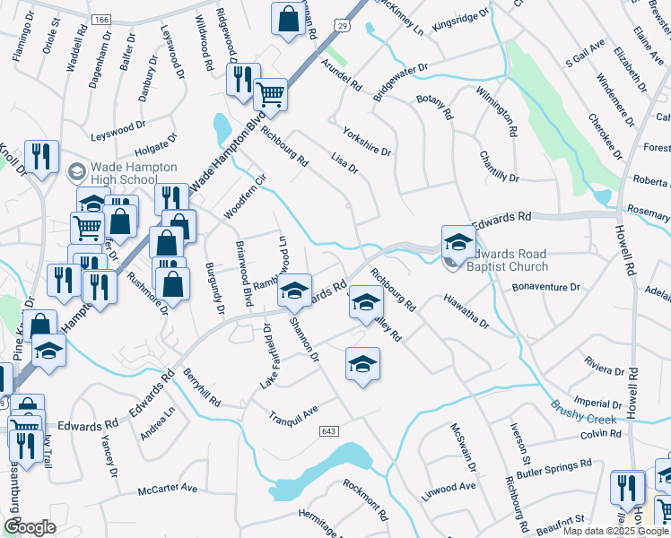 map of restaurants, bars, coffee shops, grocery stores, and more near 2 Spring Valley Road in Greenville