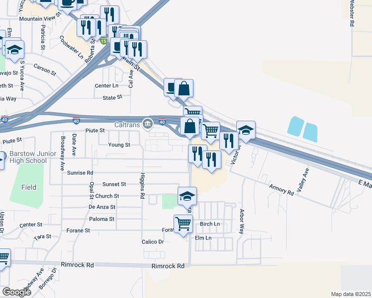 map of restaurants, bars, coffee shops, grocery stores, and more near 200 Montara Road in Barstow