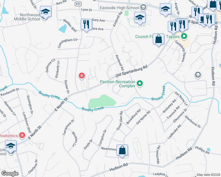 map of restaurants, bars, coffee shops, grocery stores, and more near 366 Devonwood Court in Taylors