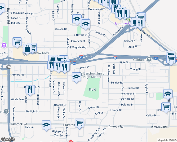 map of restaurants, bars, coffee shops, grocery stores, and more near 312 Muir Street in Barstow