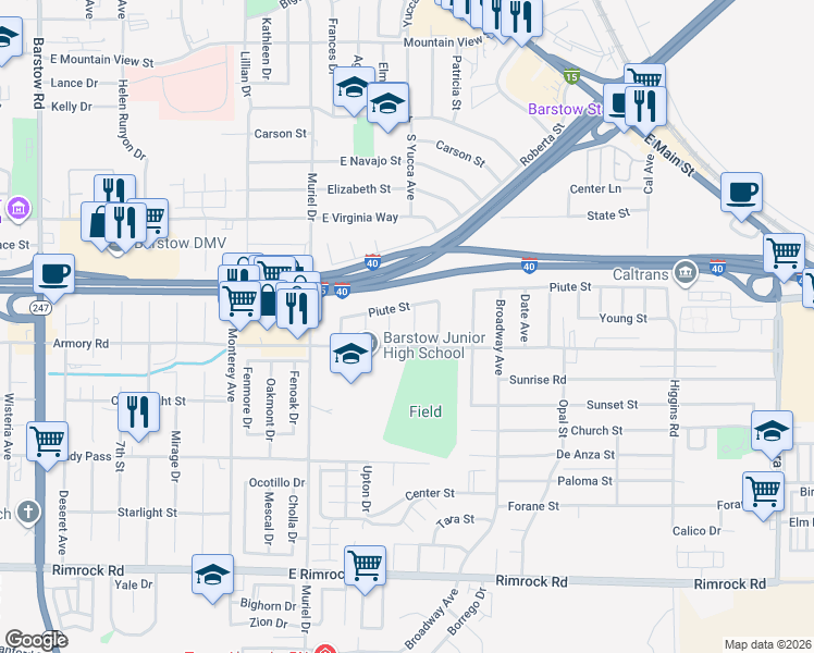 map of restaurants, bars, coffee shops, grocery stores, and more near 312 Muir Street in Barstow