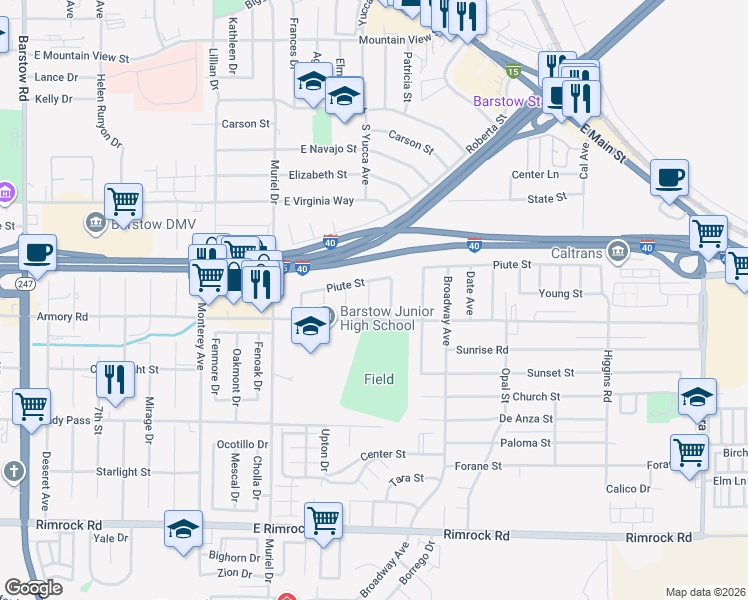 map of restaurants, bars, coffee shops, grocery stores, and more near 313 Muir Street in Barstow