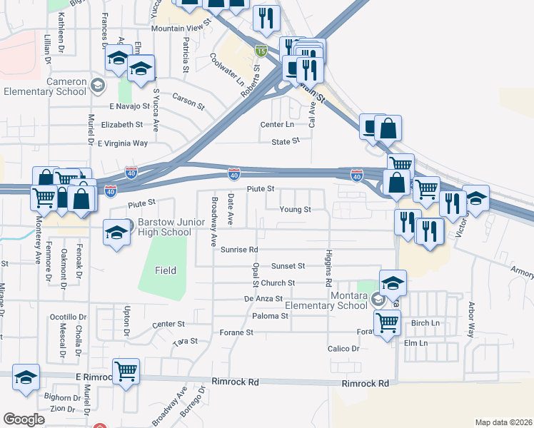 map of restaurants, bars, coffee shops, grocery stores, and more near 1604 Young Street in Barstow
