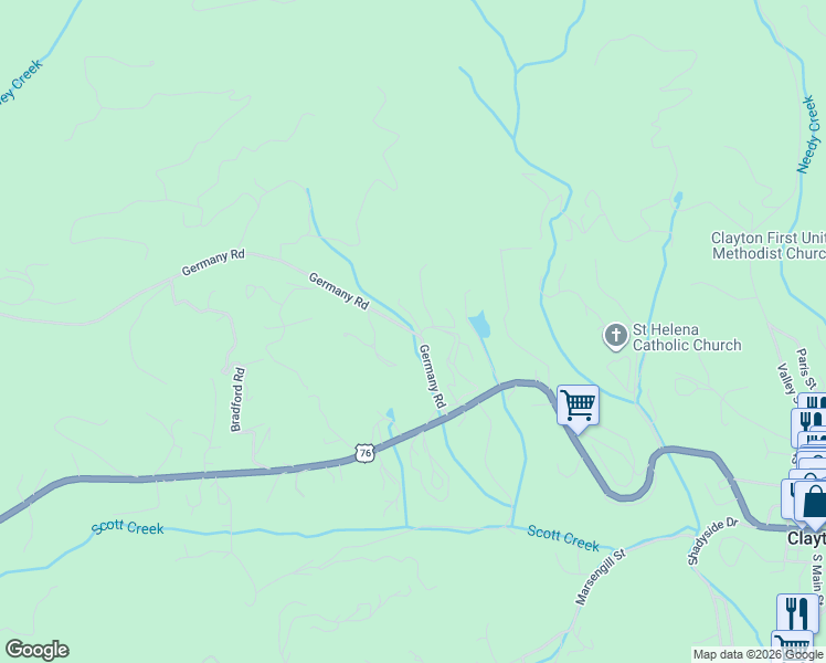 map of restaurants, bars, coffee shops, grocery stores, and more near Germany Road in Clayton