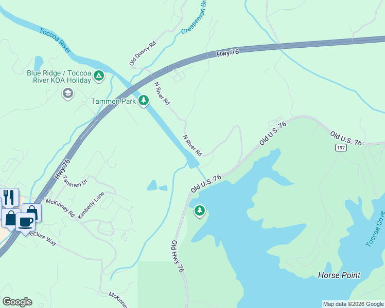 map of restaurants, bars, coffee shops, grocery stores, and more near 291 North River Road in Mineral Bluff