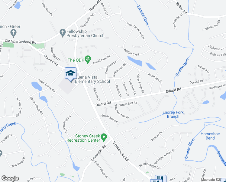 map of restaurants, bars, coffee shops, grocery stores, and more near 111 Ticonderoga Drive in Greer