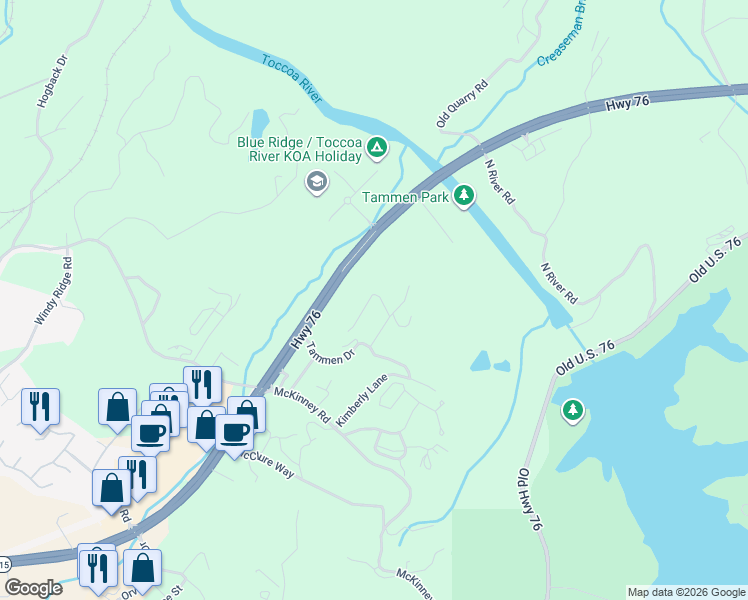 map of restaurants, bars, coffee shops, grocery stores, and more near 46 Lindsey Lane in Blue Ridge