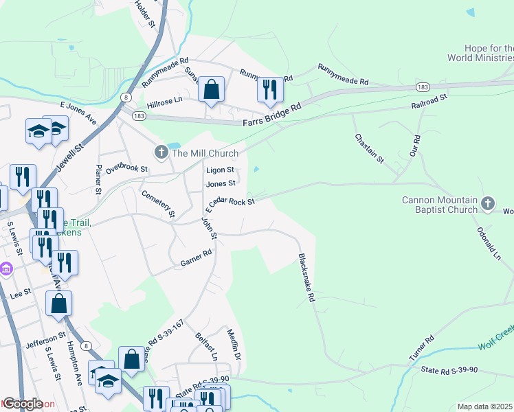 map of restaurants, bars, coffee shops, grocery stores, and more near 847 East Cedar Rock Street in Pickens