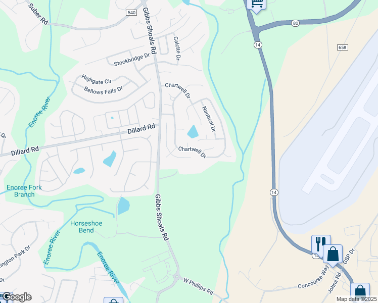 map of restaurants, bars, coffee shops, grocery stores, and more near 212 Chartwell Drive in Greer