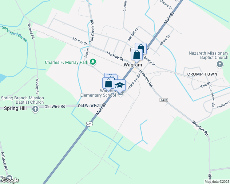 map of restaurants, bars, coffee shops, grocery stores, and more near 24081 Main Street in Wagram