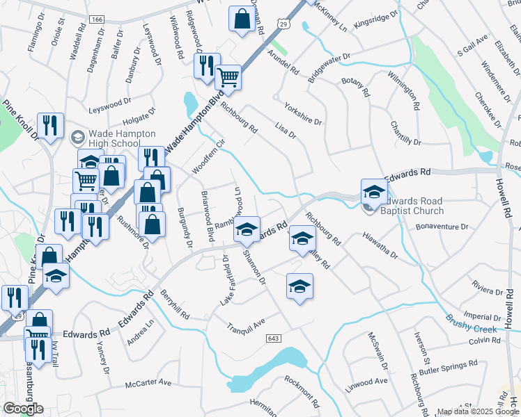 map of restaurants, bars, coffee shops, grocery stores, and more near 815 Edwards Road in Greenville