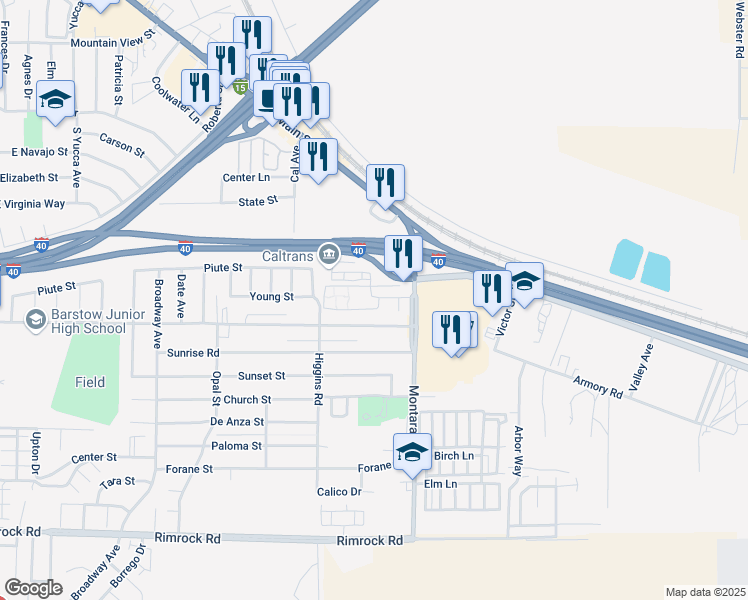 map of restaurants, bars, coffee shops, grocery stores, and more near 1800 Dill Road in Barstow