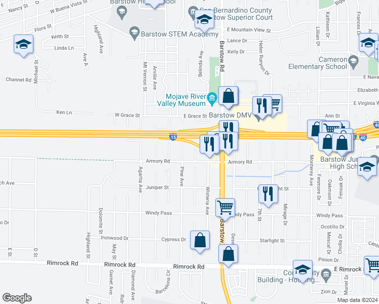 map of restaurants, bars, coffee shops, grocery stores, and more near 911 Pine Avenue in Barstow