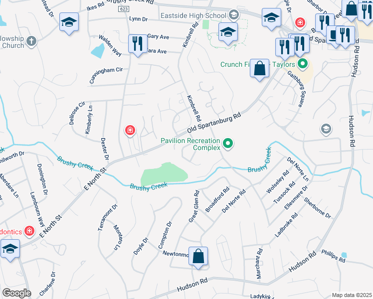 map of restaurants, bars, coffee shops, grocery stores, and more near 4624 Old Spartanburg Road in Taylors