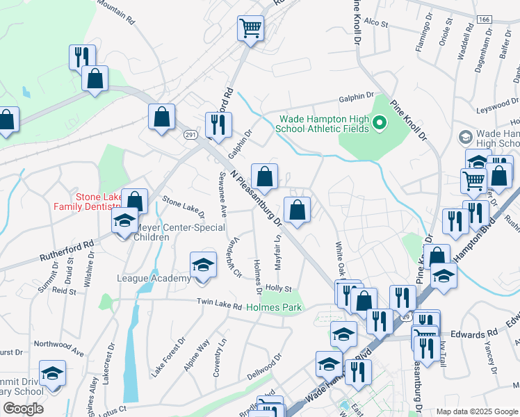 map of restaurants, bars, coffee shops, grocery stores, and more near 1908 North Pleasantburg Drive in Greenville