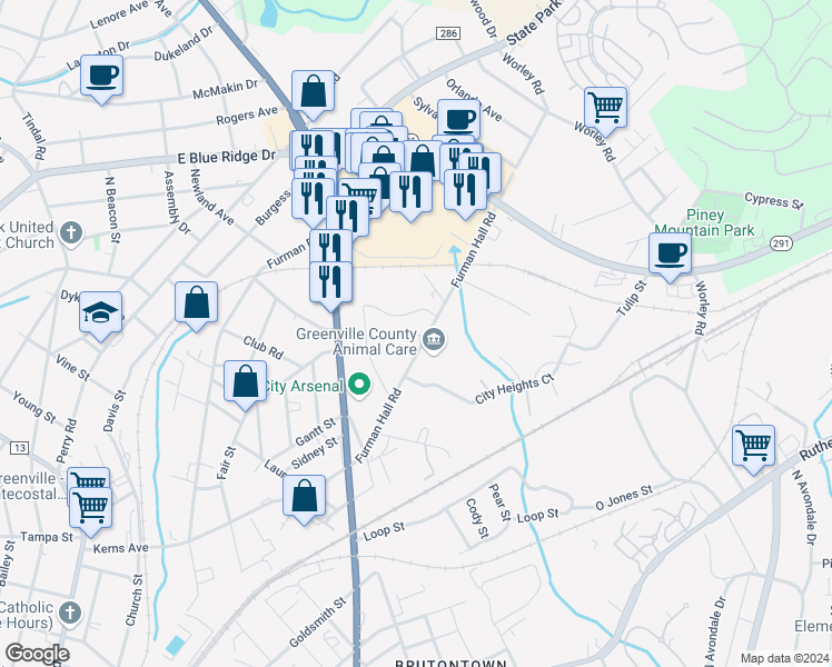 map of restaurants, bars, coffee shops, grocery stores, and more near 106 Canterbury Drive in Greenville