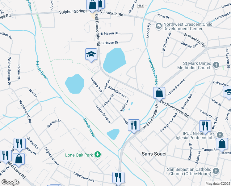 map of restaurants, bars, coffee shops, grocery stores, and more near 6 Latimer Street in Greenville