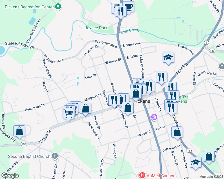map of restaurants, bars, coffee shops, grocery stores, and more near 214 North Catherine Street in Pickens
