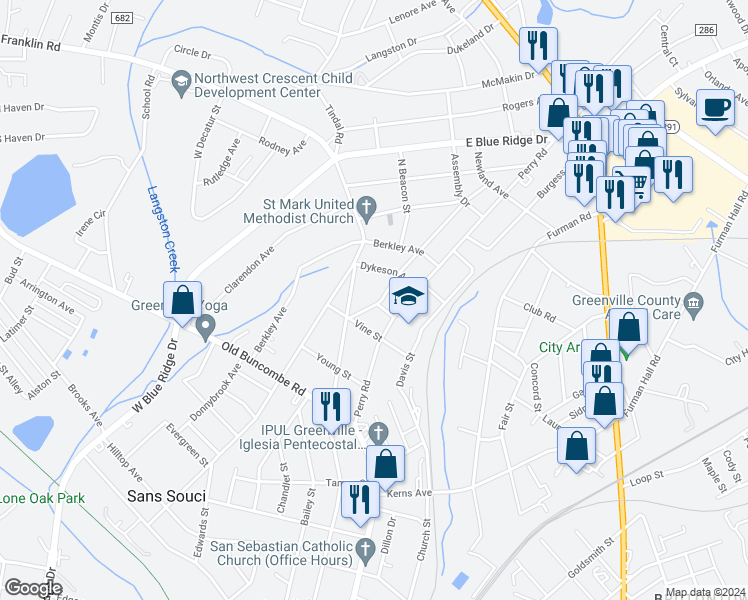 map of restaurants, bars, coffee shops, grocery stores, and more near 117 Darlington Avenue in Greenville