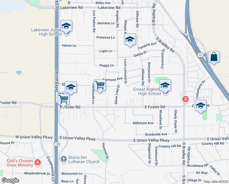 map of restaurants, bars, coffee shops, grocery stores, and more near 579 Shirley Lane in Santa Maria