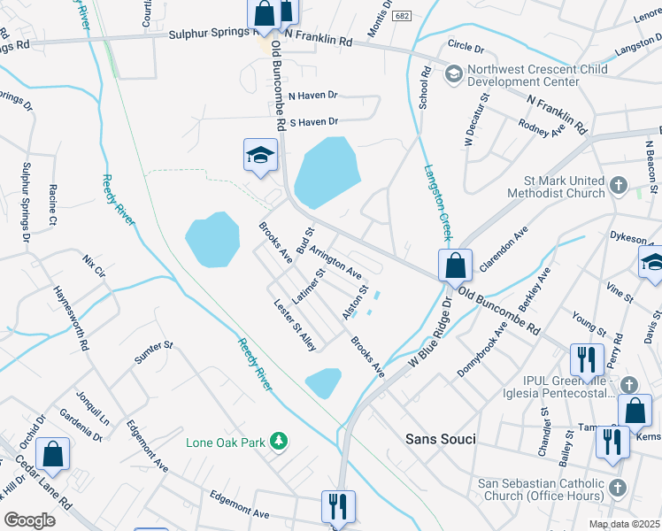 map of restaurants, bars, coffee shops, grocery stores, and more near 6 Latimer Street in Greenville