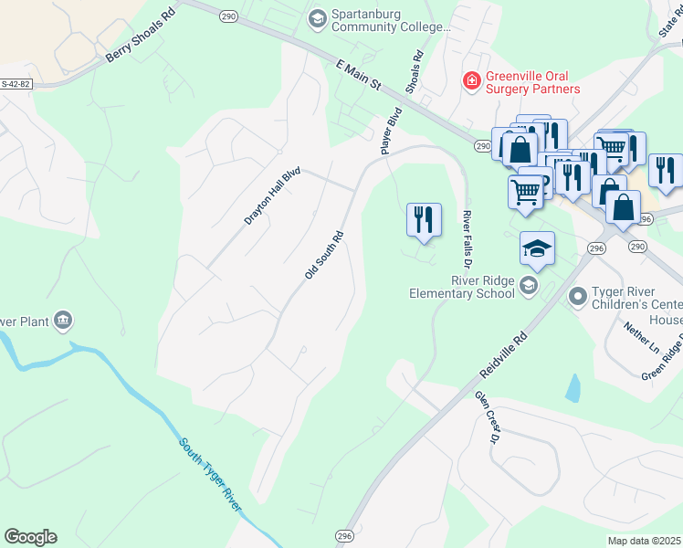 map of restaurants, bars, coffee shops, grocery stores, and more near 111 Ravines Lane in Spartanburg