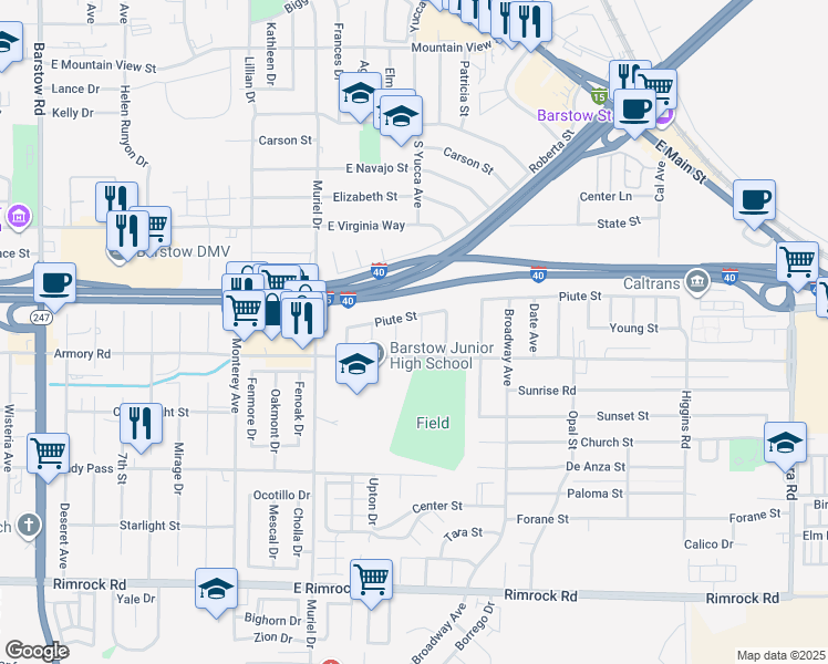 map of restaurants, bars, coffee shops, grocery stores, and more near 308 Muir Street in Barstow