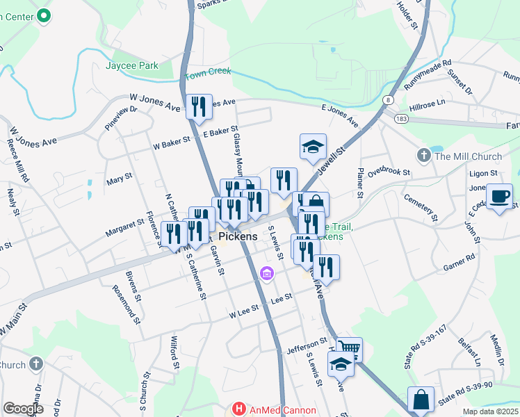 map of restaurants, bars, coffee shops, grocery stores, and more near 171 Griffin Street in Pickens