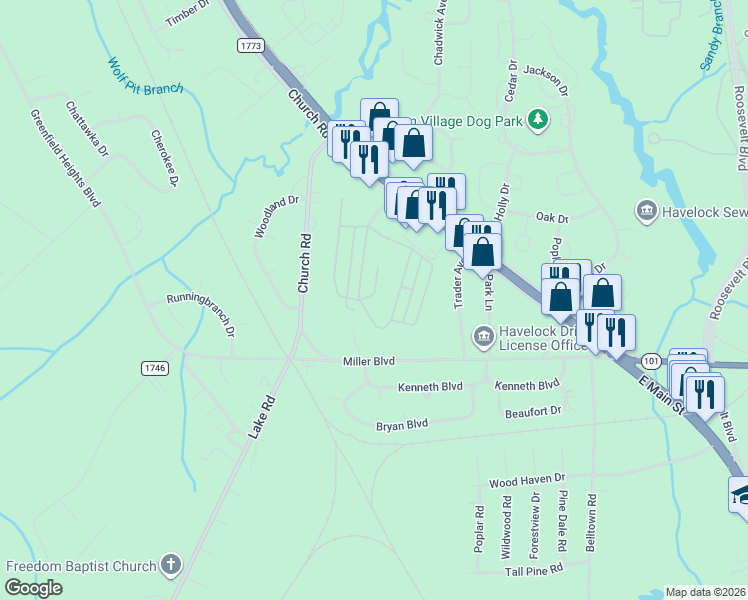 map of restaurants, bars, coffee shops, grocery stores, and more near 102 Branch Court in Havelock