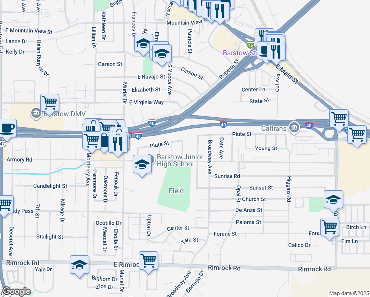 map of restaurants, bars, coffee shops, grocery stores, and more near 313 Forest Avenue in Barstow