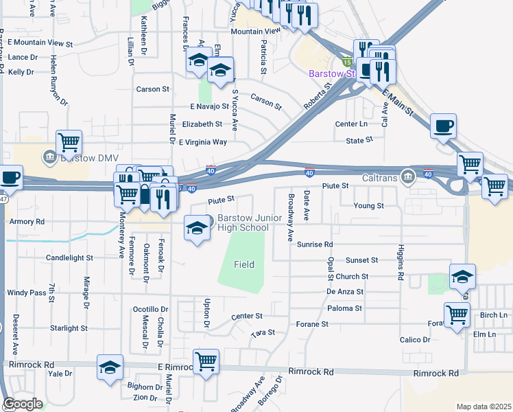 map of restaurants, bars, coffee shops, grocery stores, and more near 313 Forest Avenue in Barstow