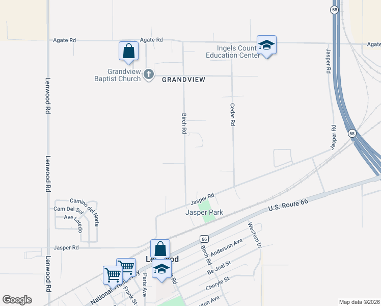map of restaurants, bars, coffee shops, grocery stores, and more near 34905 Birch Road in Barstow