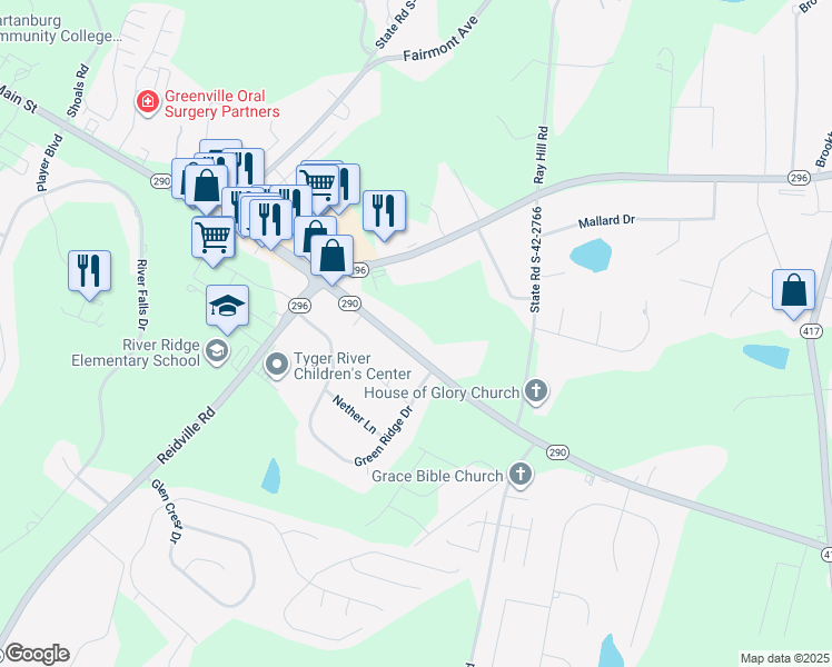 map of restaurants, bars, coffee shops, grocery stores, and more near 5831 Reidville Road in Moore
