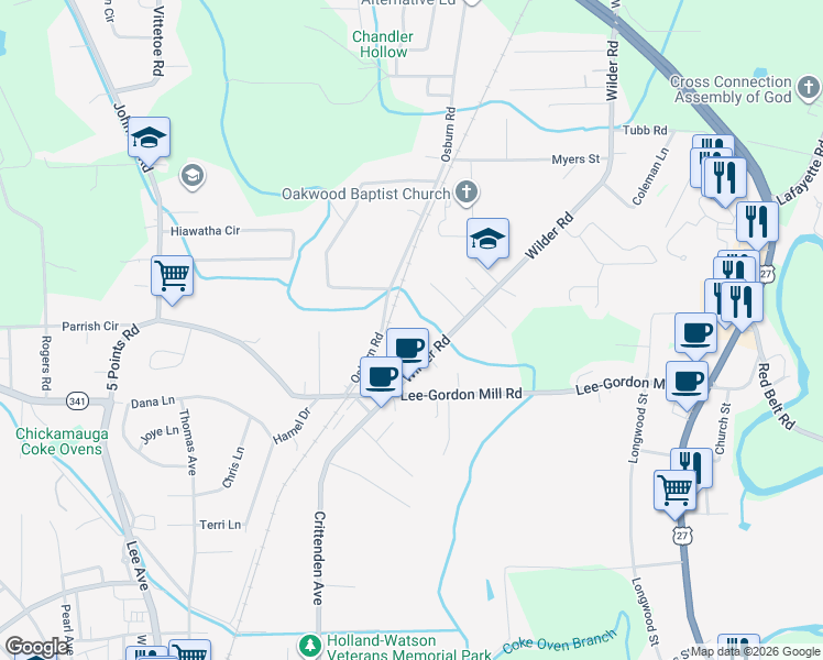 map of restaurants, bars, coffee shops, grocery stores, and more near 129 Wilder Road in Chickamauga