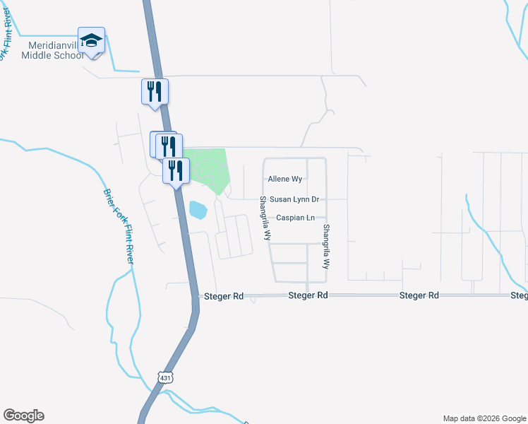 map of restaurants, bars, coffee shops, grocery stores, and more near 148 Shangrila Way in Meridianville