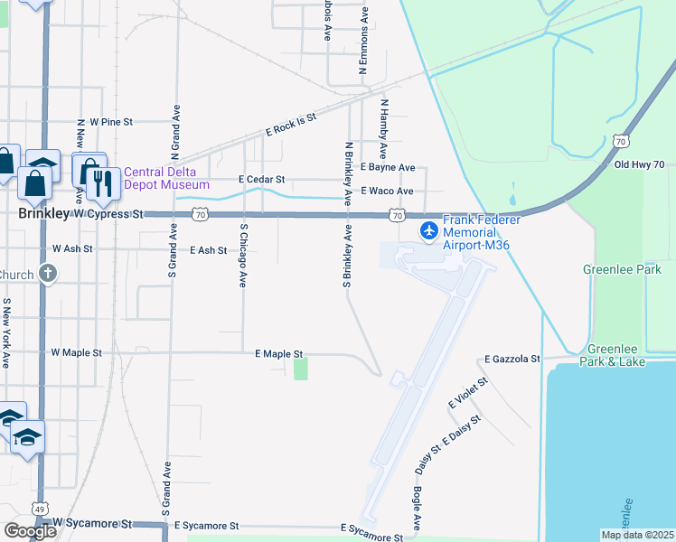 map of restaurants, bars, coffee shops, grocery stores, and more near 206 South Brinkley Avenue in Brinkley