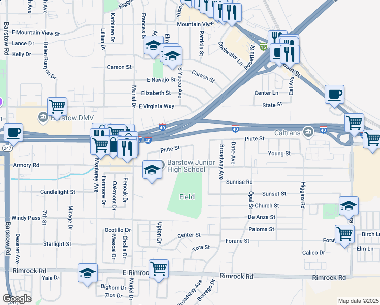 map of restaurants, bars, coffee shops, grocery stores, and more near 1313 Piute Street in Barstow