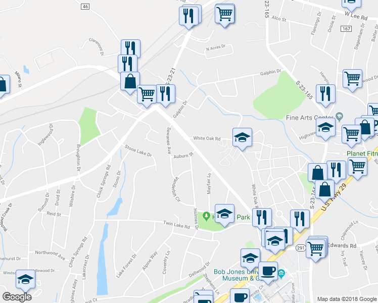 map of restaurants, bars, coffee shops, grocery stores, and more near 10 Auburn Street in Greenville