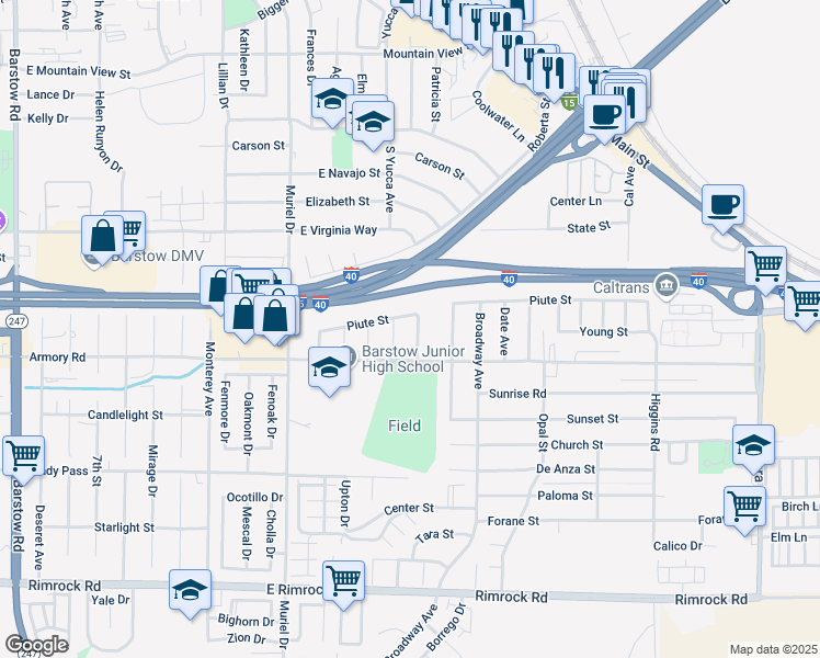 map of restaurants, bars, coffee shops, grocery stores, and more near 1313 Piute Street in Barstow