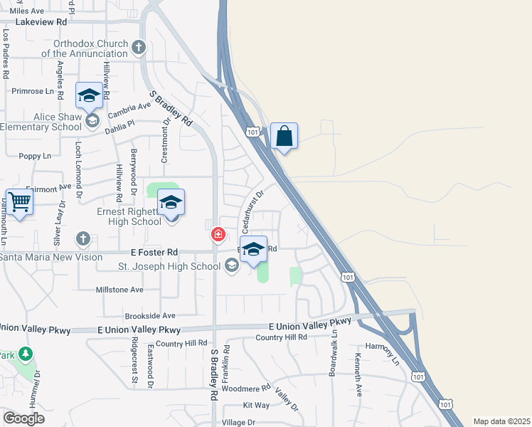 map of restaurants, bars, coffee shops, grocery stores, and more near 4036 Cedarhurst Drive in Santa Maria