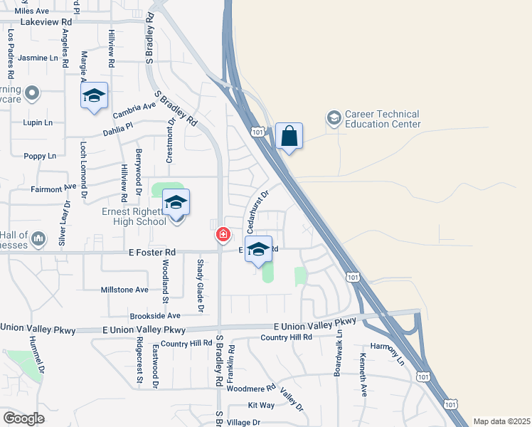 map of restaurants, bars, coffee shops, grocery stores, and more near 4036 Cedarhurst Drive in Santa Maria