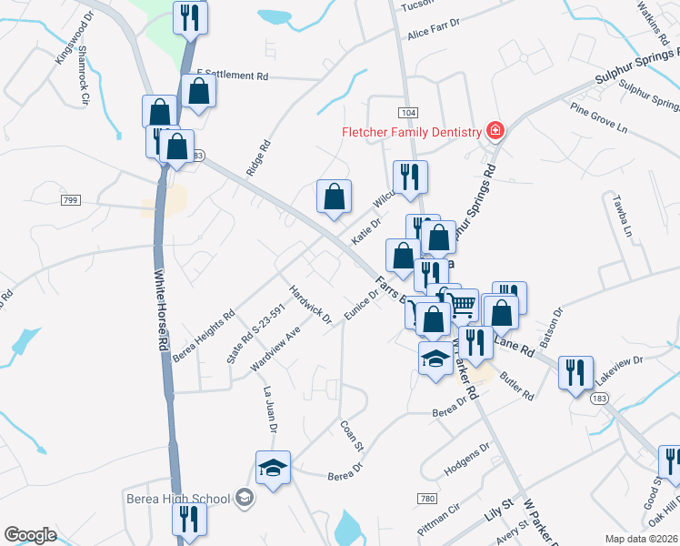map of restaurants, bars, coffee shops, grocery stores, and more near 125 Farrs Bridge Road in Greenville